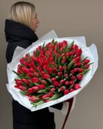 101 красный тюльпан в белой упаковке